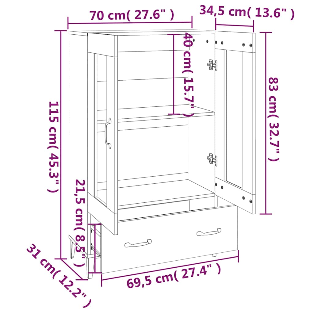 skab 70x31x115 cm konstrueret træ betongrå