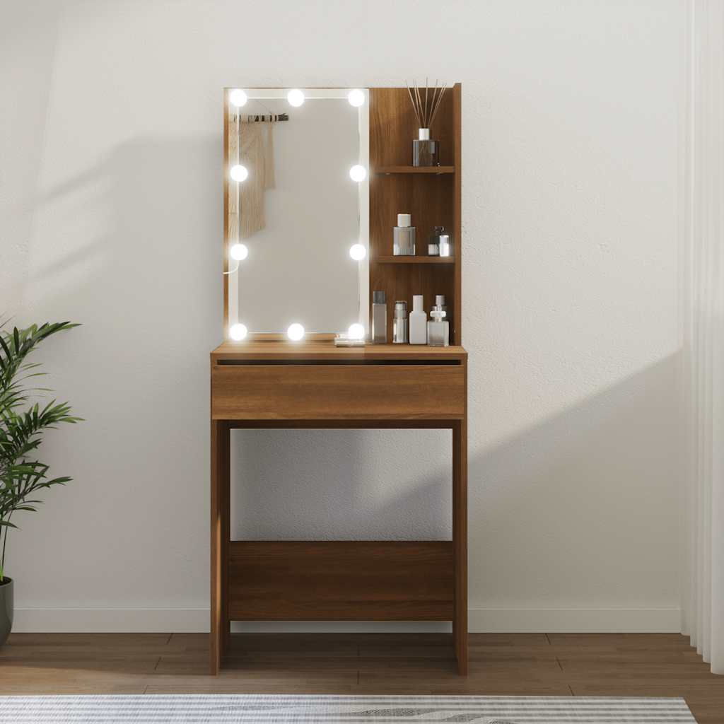 makeupbord med LED-lys 60x40x140 cm brun egetræsfarve
