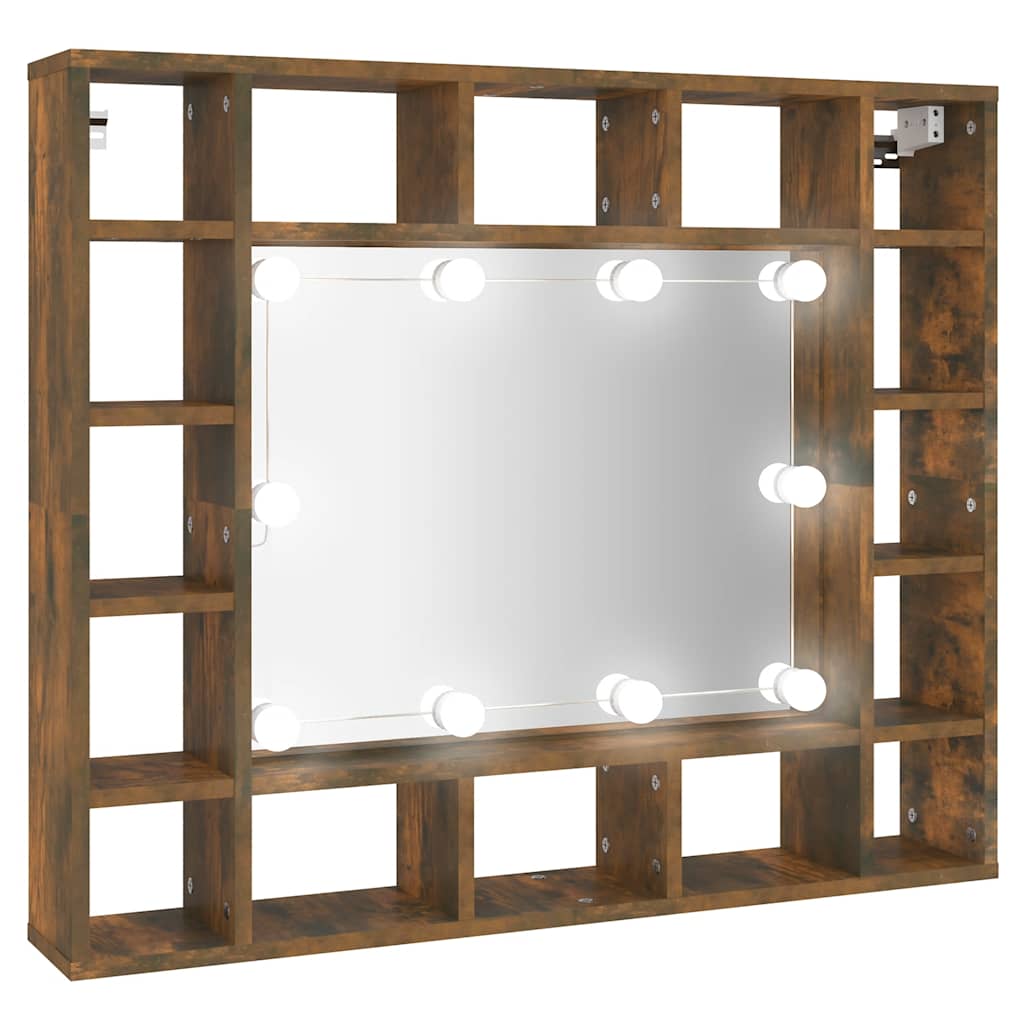 spejlskab med LED-lys 91x15x76,5 cm røget egetræsfarve