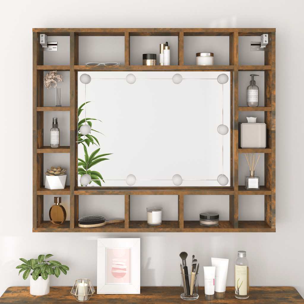 spejlskab med LED-lys 91x15x76,5 cm røget egetræsfarve