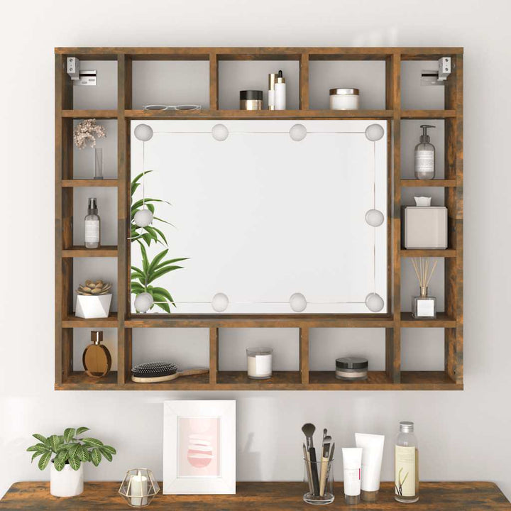 spejlskab med LED-lys 91x15x76,5 cm røget egetræsfarve