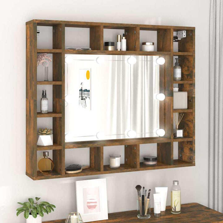 spejlskab med LED-lys 91x15x76,5 cm røget egetræsfarve