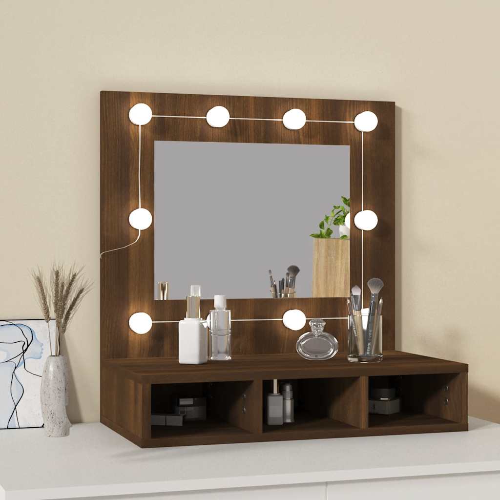 spejlskab med LED-lys 60x31,5x62 cm brun egetræsfarve