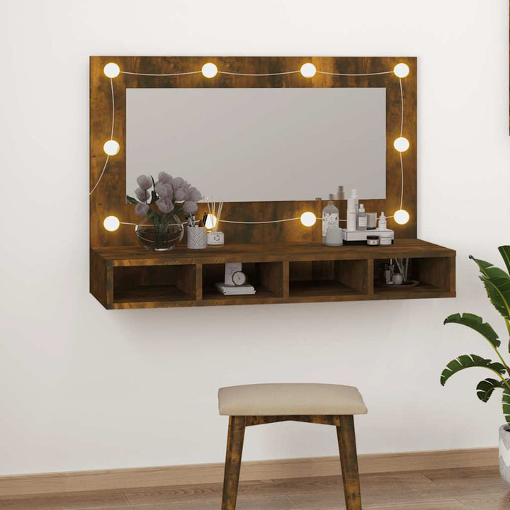 spejlskab med LED-lys 90x31,5x62 cm røget egetræsfarve