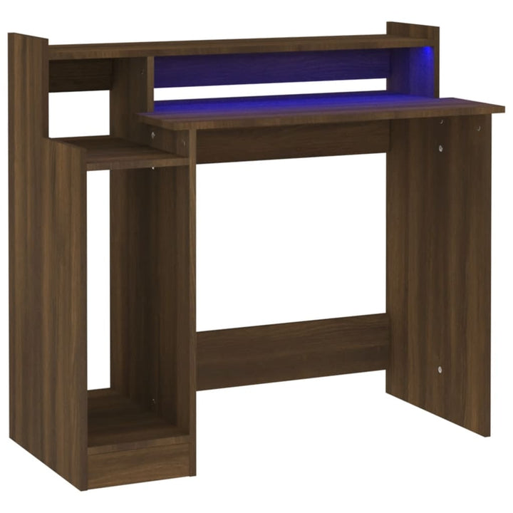 skrivebord med LED-lys 97x45x90 cm konstrueret træ brun eg