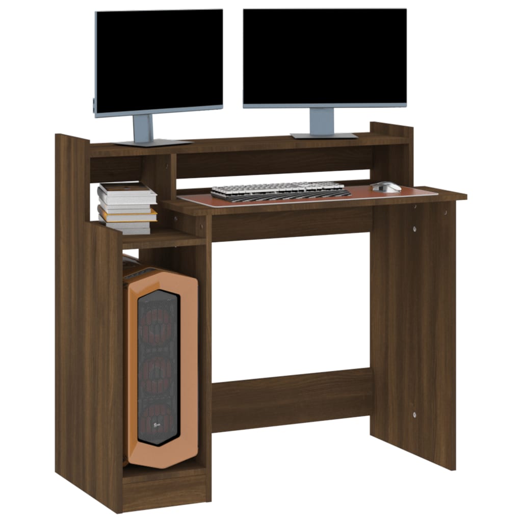 skrivebord med LED-lys 97x45x90 cm konstrueret træ brun eg