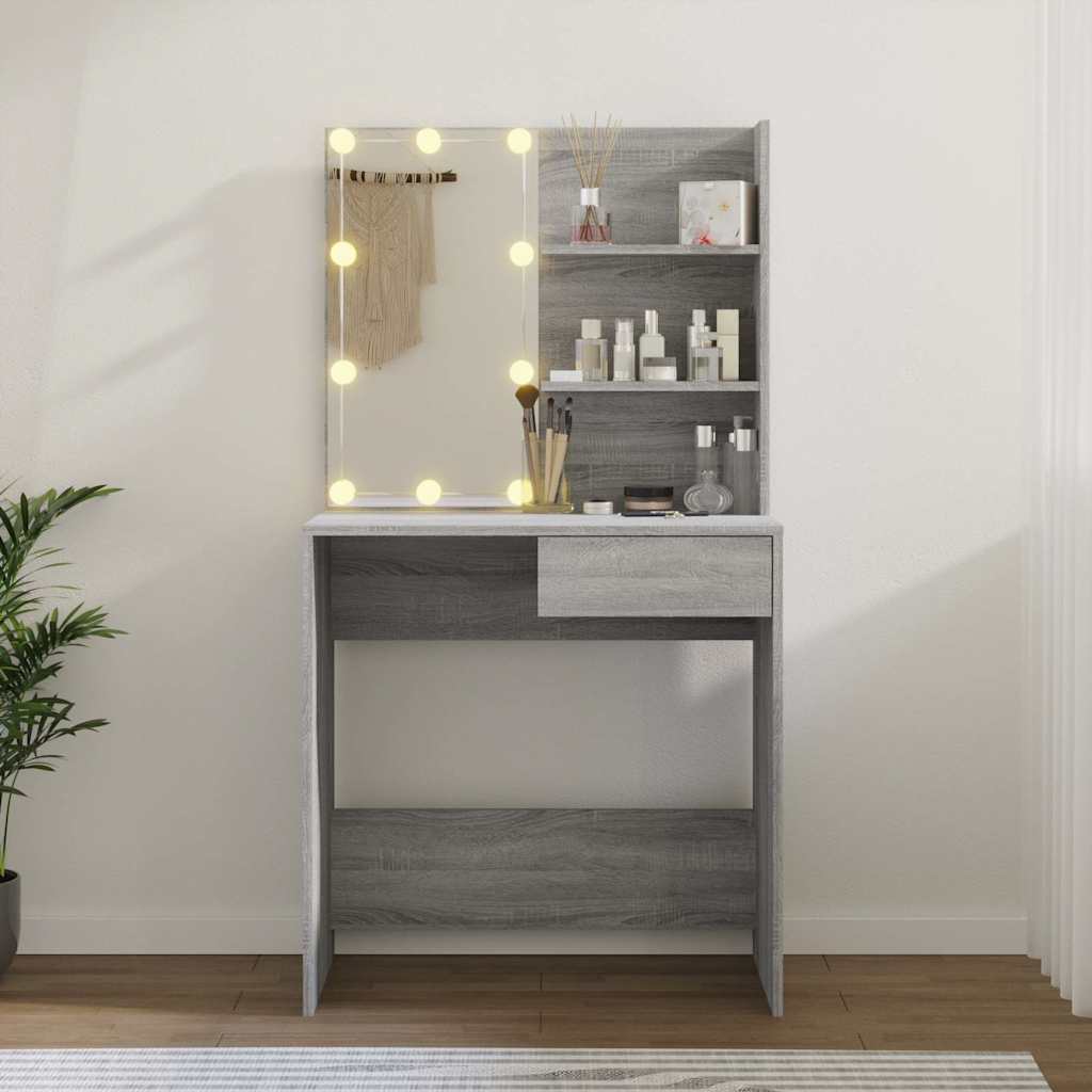 makeupbord med LED-lys 74,5x40x141 cm grå sonoma-eg