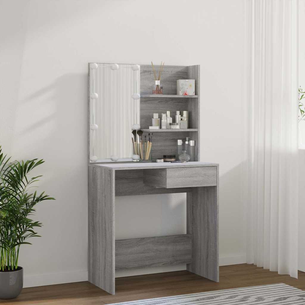 makeupbord med LED-lys 74,5x40x141 cm grå sonoma-eg