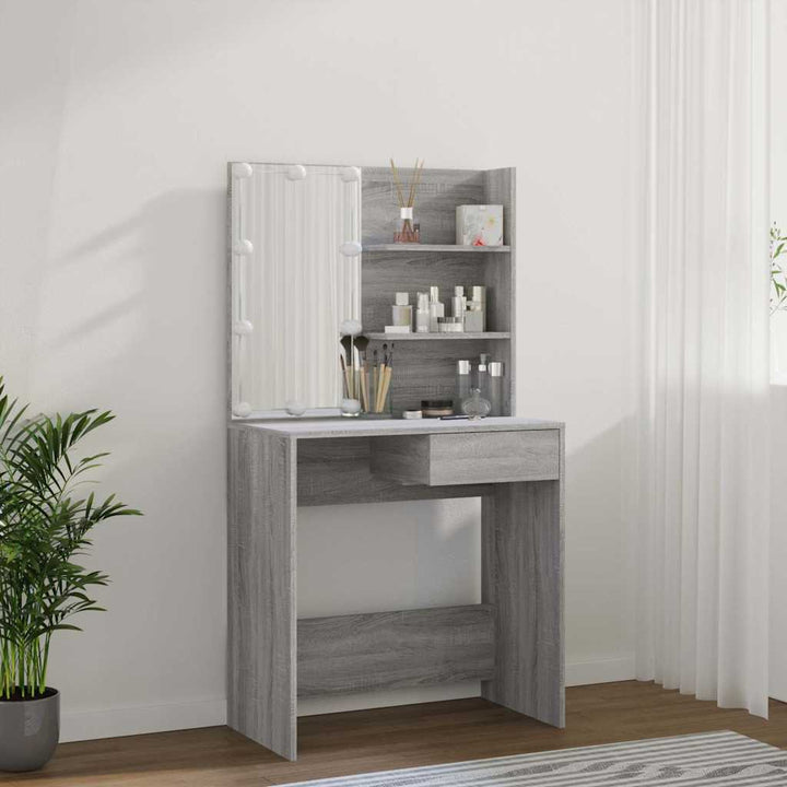 makeupbord med LED-lys 74,5x40x141 cm grå sonoma-eg