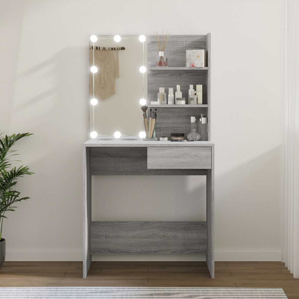 makeupbord med LED-lys 74,5x40x141 cm grå sonoma-eg