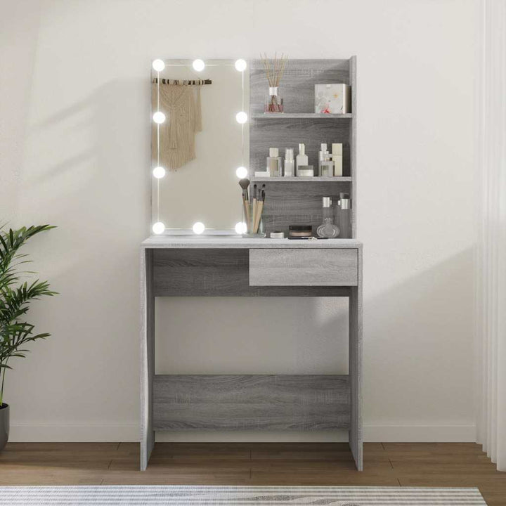 makeupbord med LED-lys 74,5x40x141 cm grå sonoma-eg
