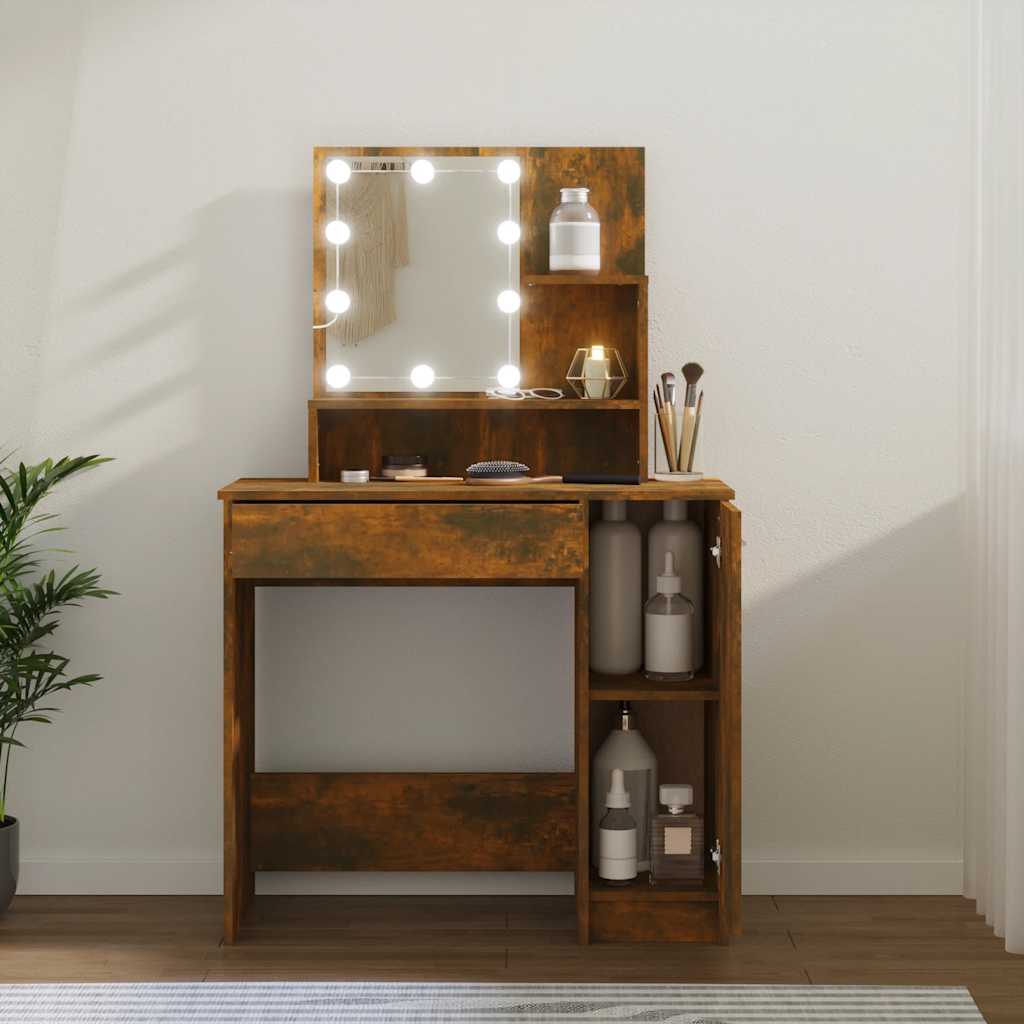 makeupbord med LED-lys 86,5x35x136 cm røget egetræsfarve