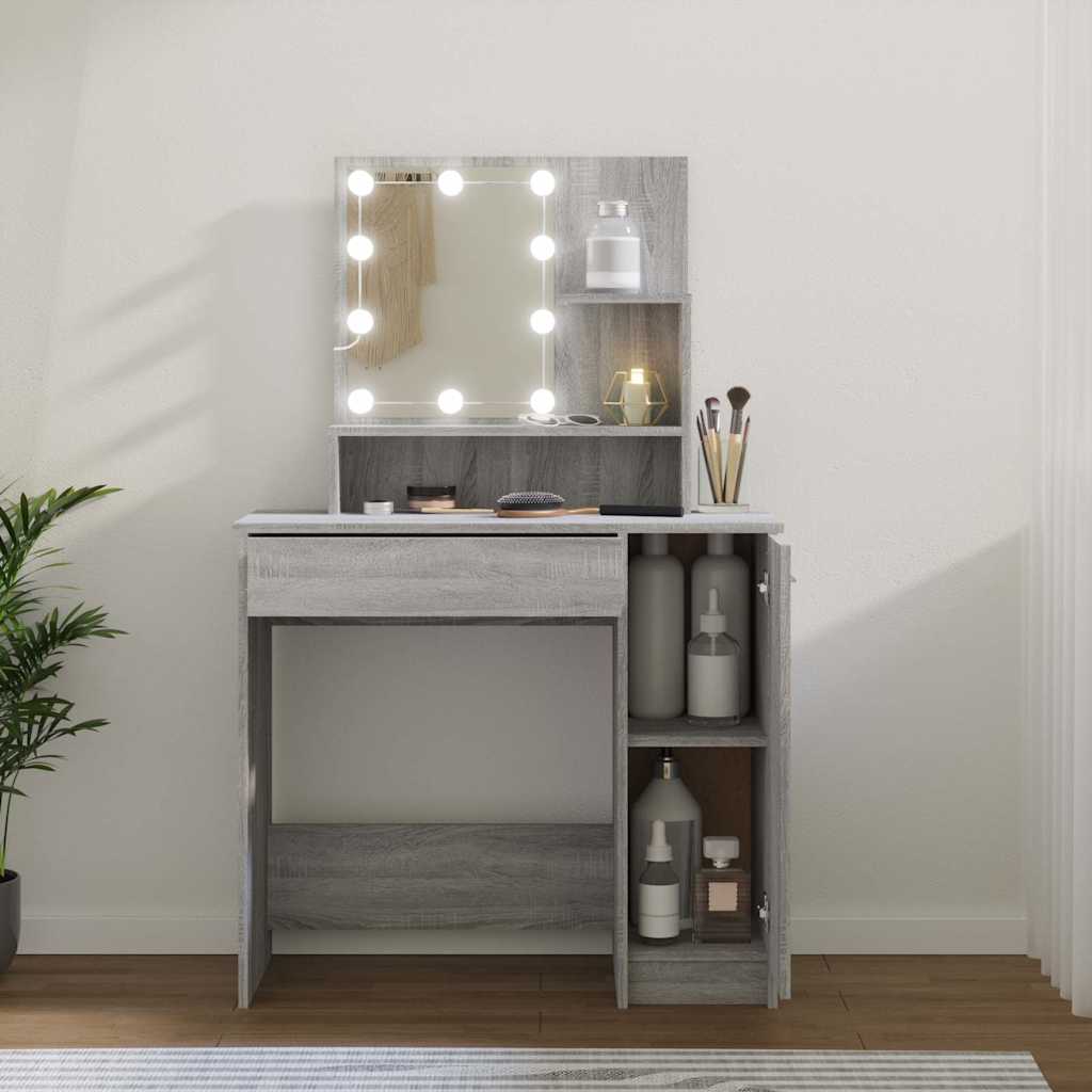 makeupbord med LED-lys 86,5x35x136 cm grå sonoma-eg