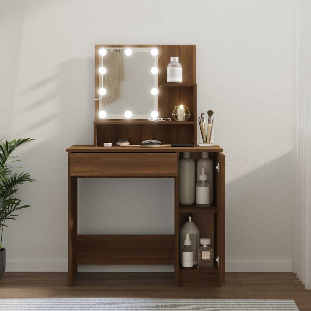 makeupbord med LED-lys 86,5x35x136 cm brun egetræsfarve