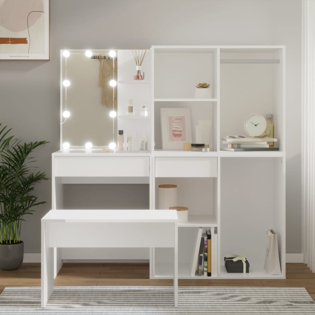 makeupbordssæt med LED-lys konstrueret træ hvid