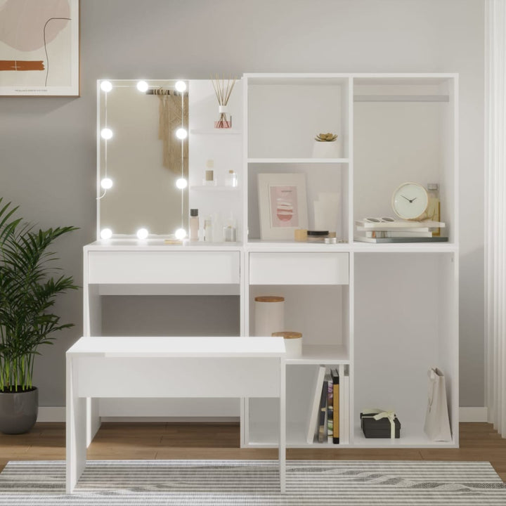 makeupbordssæt med LED-lys konstrueret træ hvid
