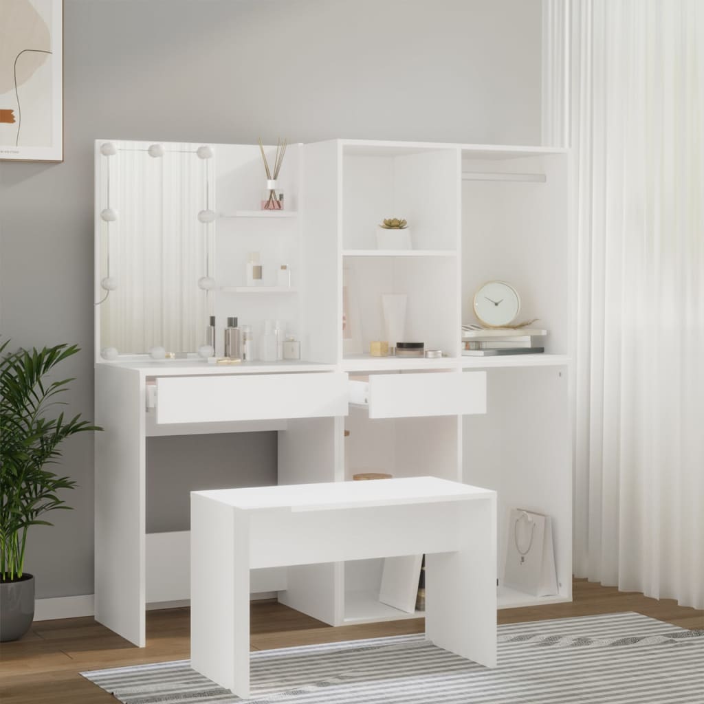 makeupbordssæt med LED-lys konstrueret træ hvid