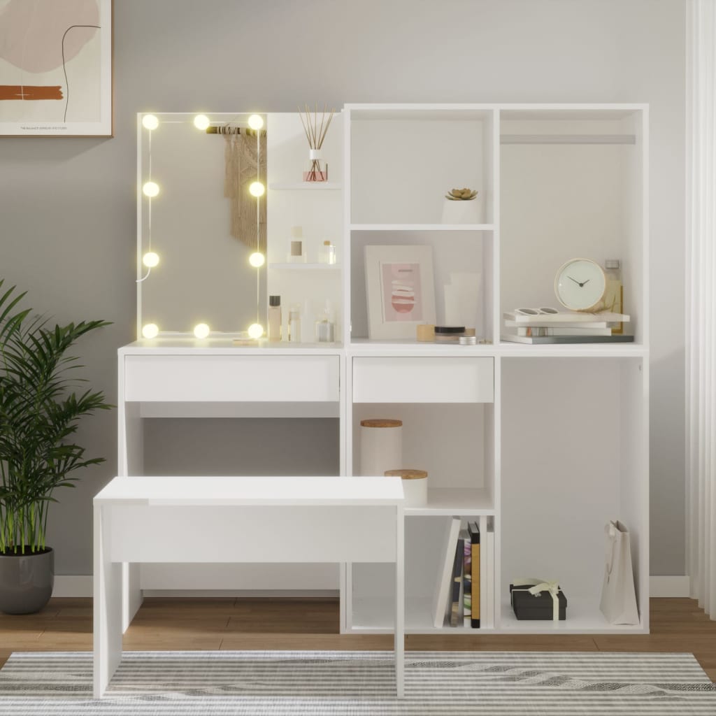 makeupbordssæt med LED-lys konstrueret træ hvid