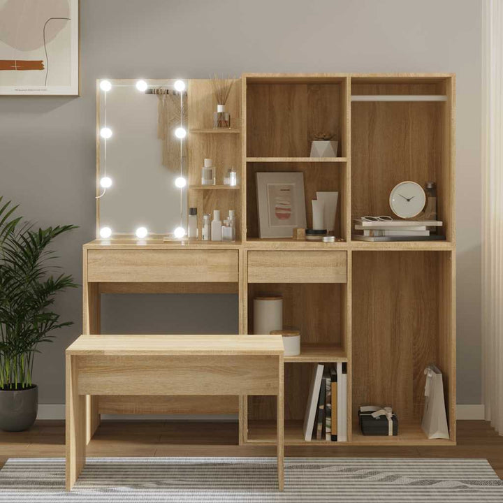 makeupbordssæt med LED-lys konstrueret træ sonoma-eg