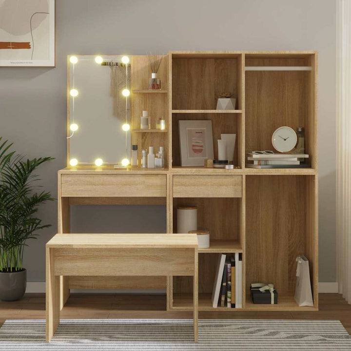 makeupbordssæt med LED-lys konstrueret træ sonoma-eg