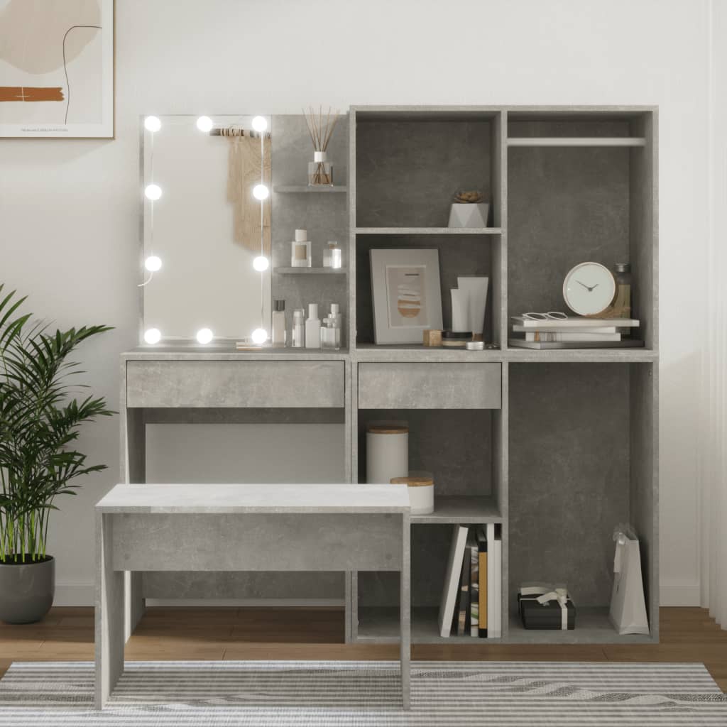 makeupbordssæt med LED-lys konstrueret træ betongrå
