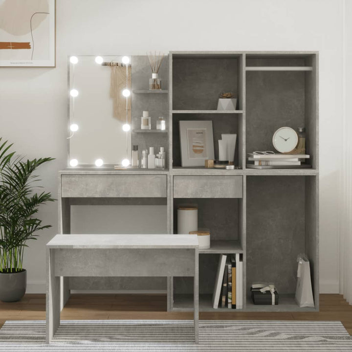makeupbordssæt med LED-lys konstrueret træ betongrå