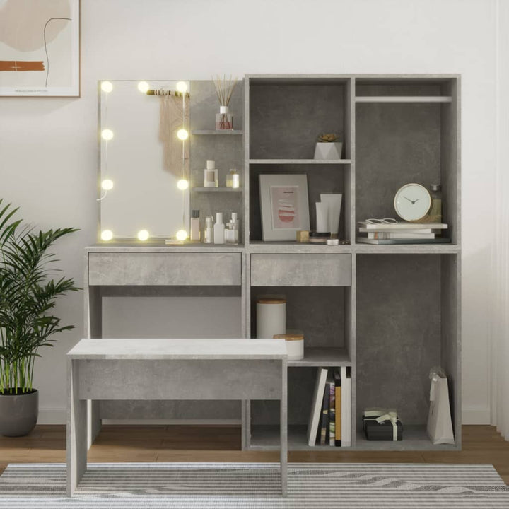 makeupbordssæt med LED-lys konstrueret træ betongrå