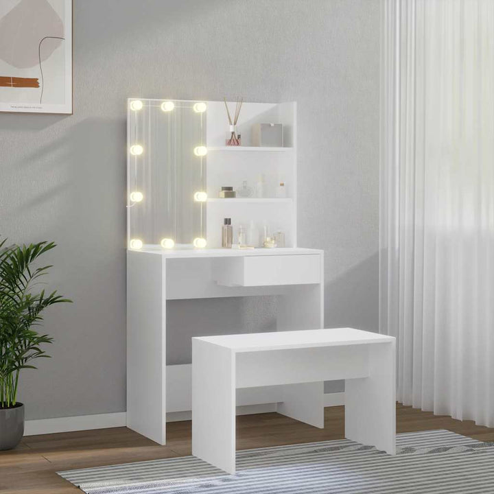 makeupbordssæt med LED-lys konstrueret træ hvid