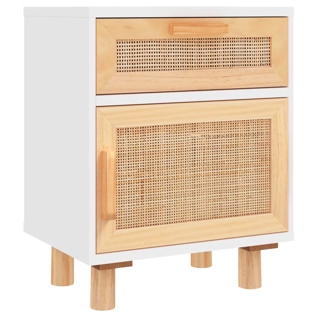 sengebord massivt fyrretræ og naturlig rattan hvid
