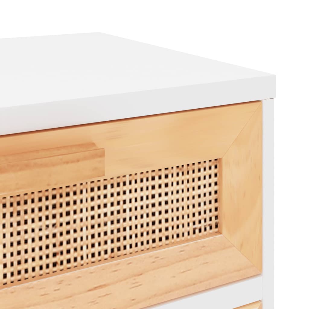 sengebord massivt fyrretræ og naturlig rattan hvid