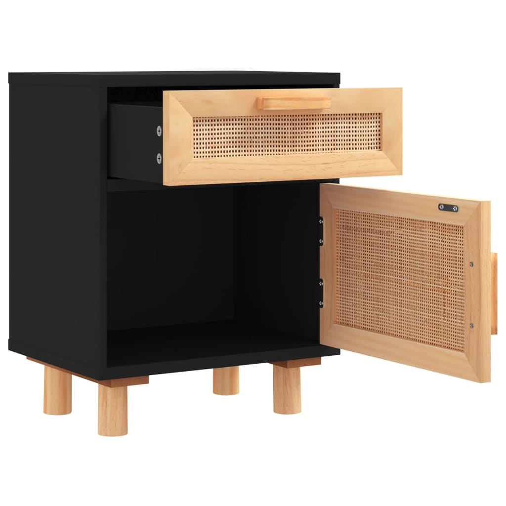sengeborde 2 stk. massivt fyrretræ og naturlig rattan sort