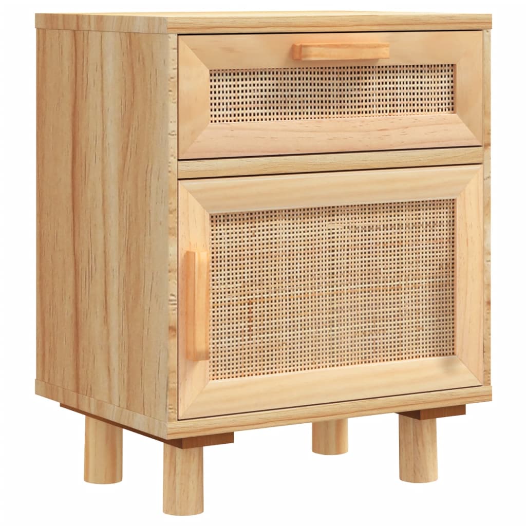 sengebord massivt fyrretræ og naturlig rattan brun
