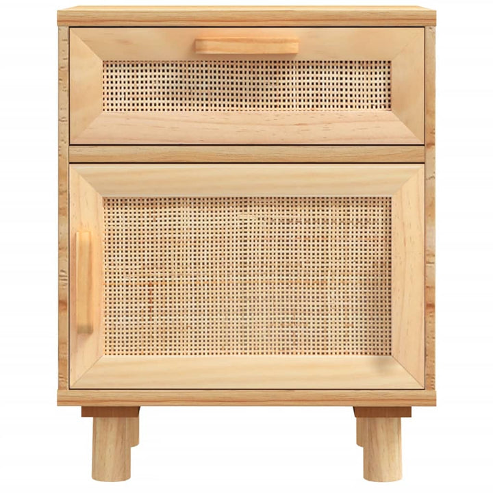 sengebord massivt fyrretræ og naturlig rattan brun