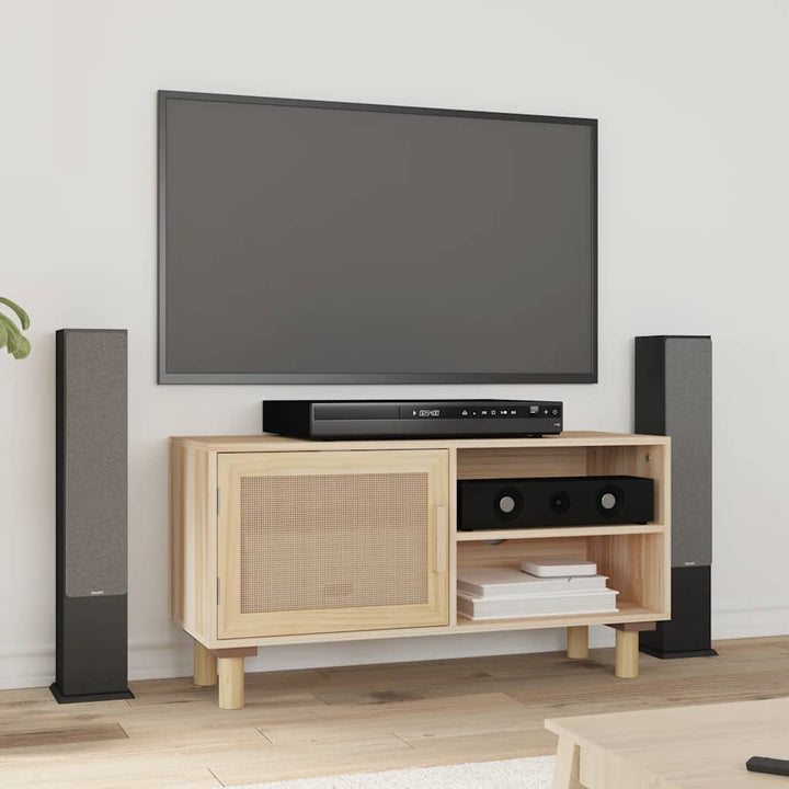 tv-bord 80x30x40 cm massivt fyrretræ og naturlig rattan brun