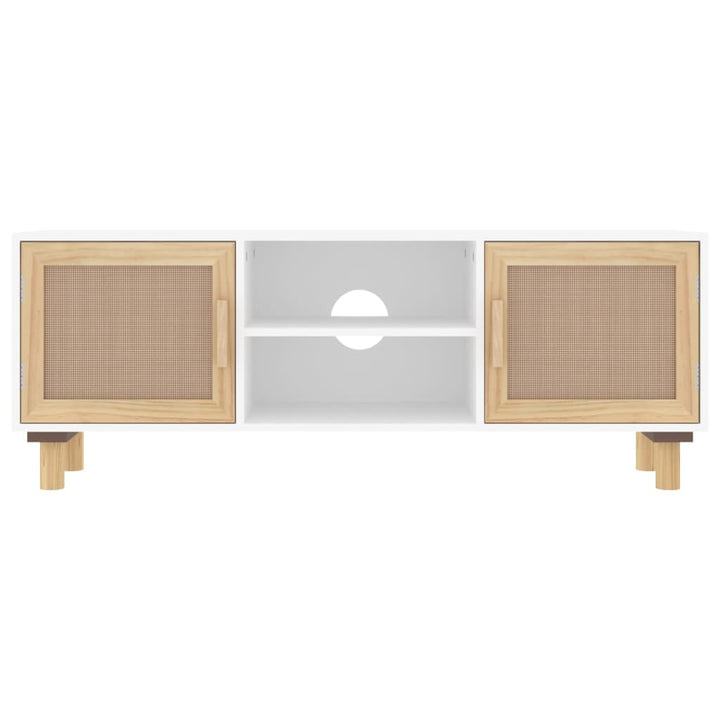 tv-bord 105x30x40 cm massivt fyrretræ og naturlig rattan hvid