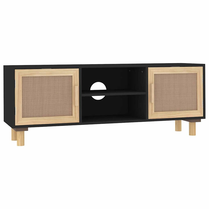 tv-bord 105x30x40 cm massivt fyrretræ og naturlig rattan sort