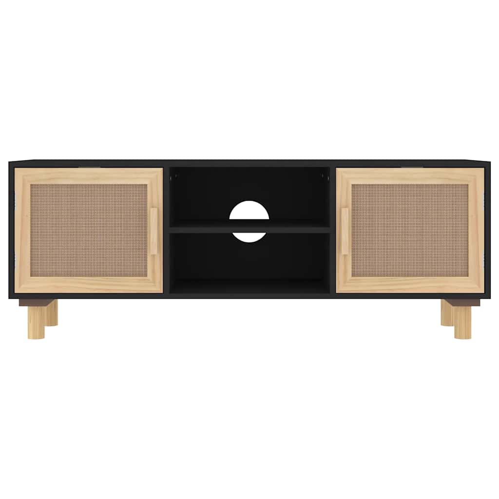 tv-bord 105x30x40 cm massivt fyrretræ og naturlig rattan sort