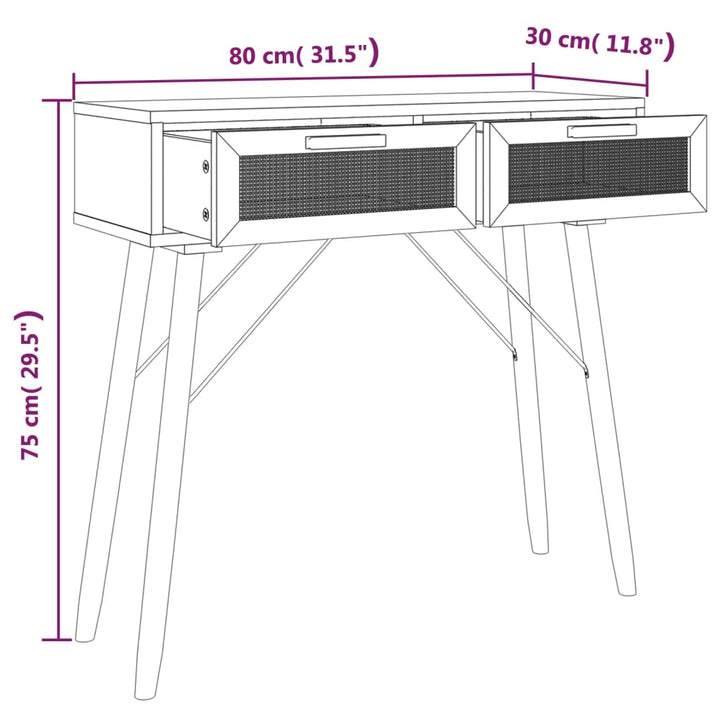 konsolbord 80x30x75 cm massivt fyrretræ og naturlig rattan hvid