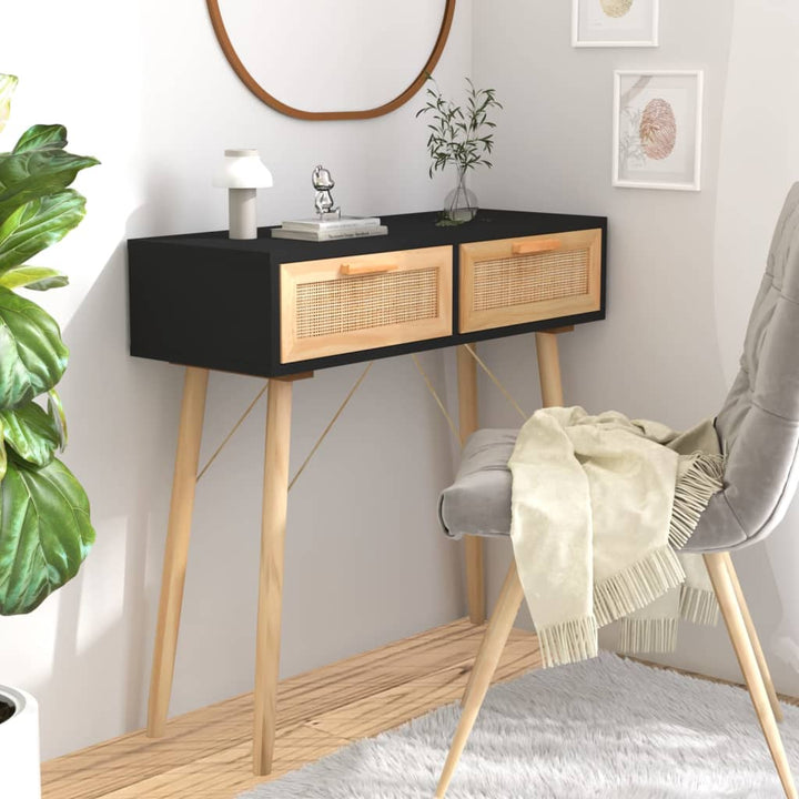 konsolbord 80x30x75 cm massivt fyrretræ naturlig rattan sort