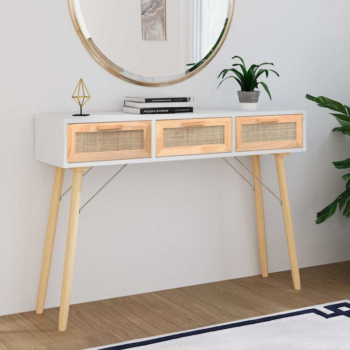 konsolbord 105x30x75 cm massivt fyrretræ naturlig rattan hvid