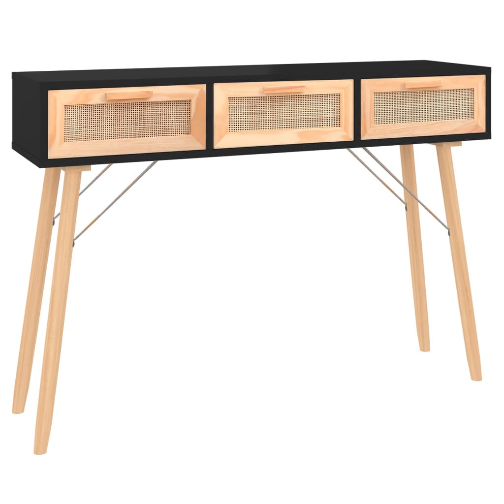 konsolbord 105x30x75 cm massivt fyrretræ naturlig rattan sort