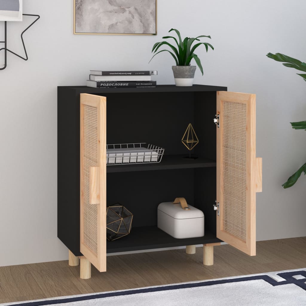 skænk 60x30x70 cm massivt fyrretræ og naturlig rattan sort