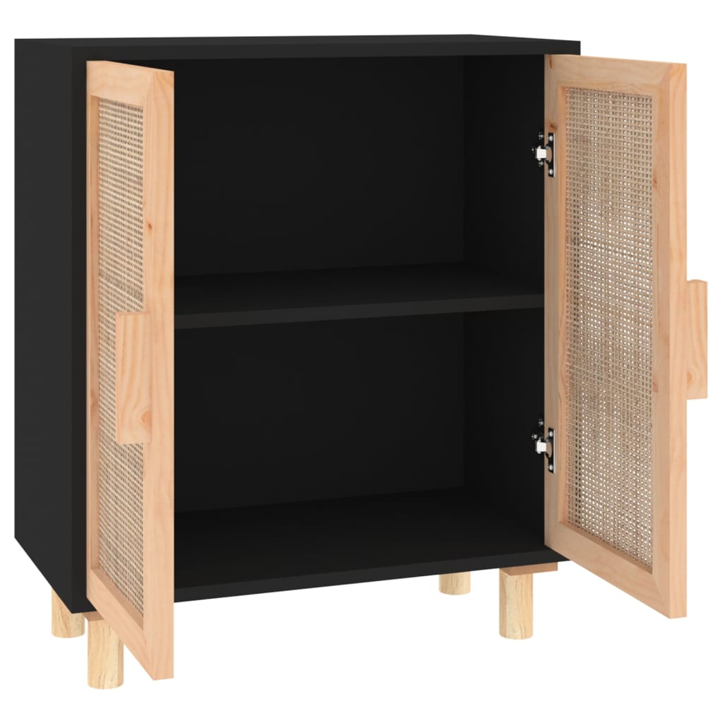 skænk 60x30x70 cm massivt fyrretræ og naturlig rattan sort
