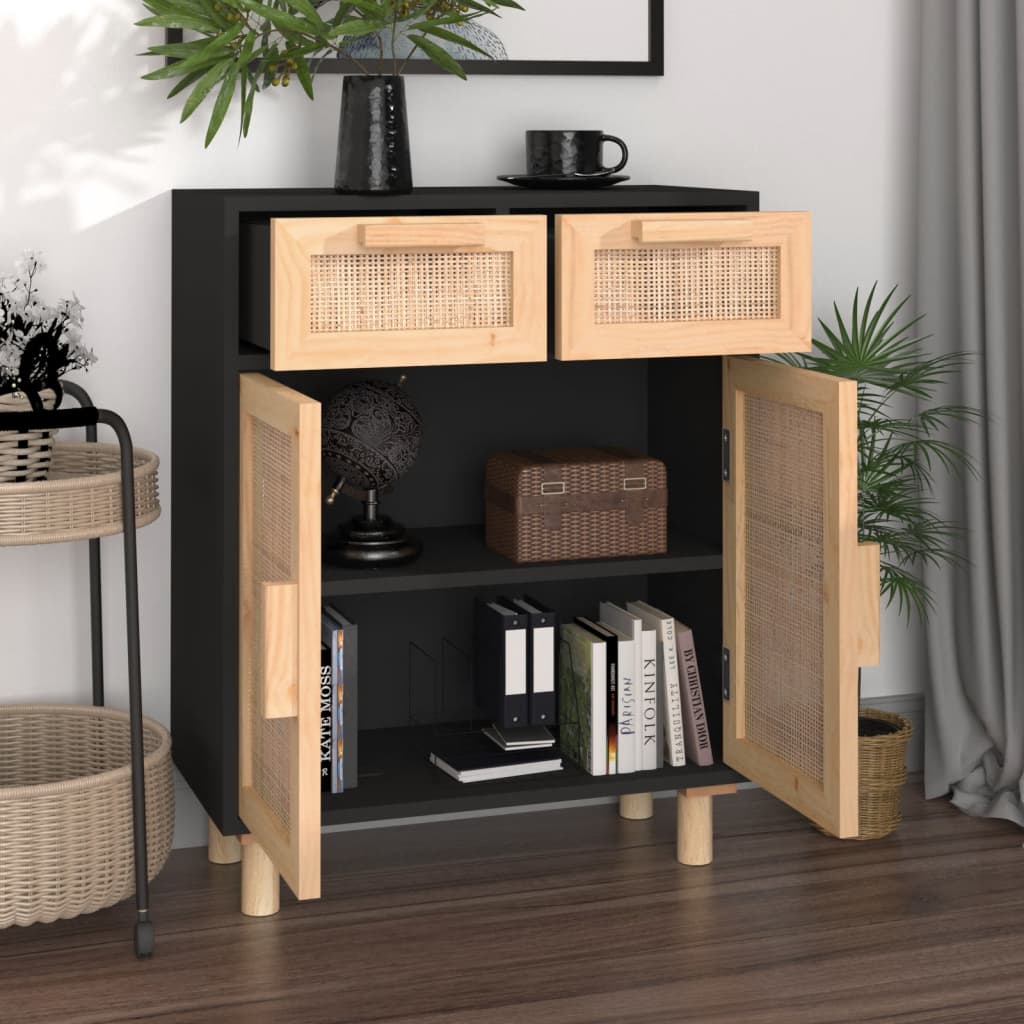 skænk 60x30x75 cm massivt fyrretræ og naturlig rattan sort