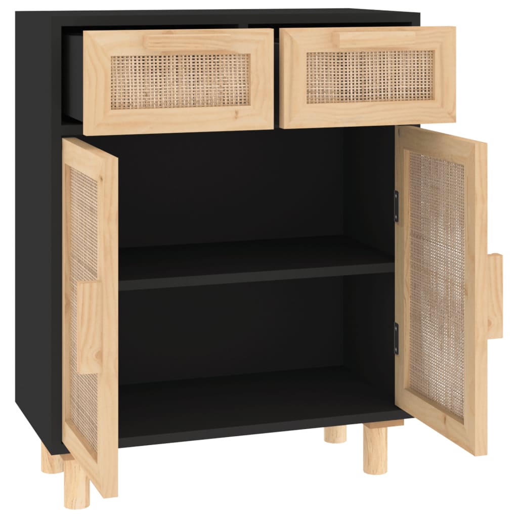skænk 60x30x75 cm massivt fyrretræ og naturlig rattan sort
