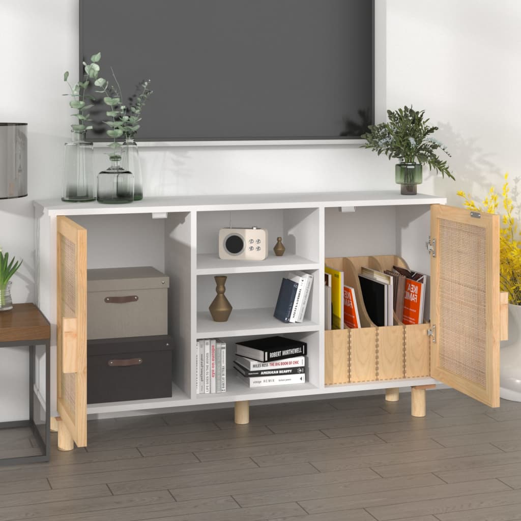 skænk 105x30x60 cm massivt fyrretræ og naturlig rattan hvid