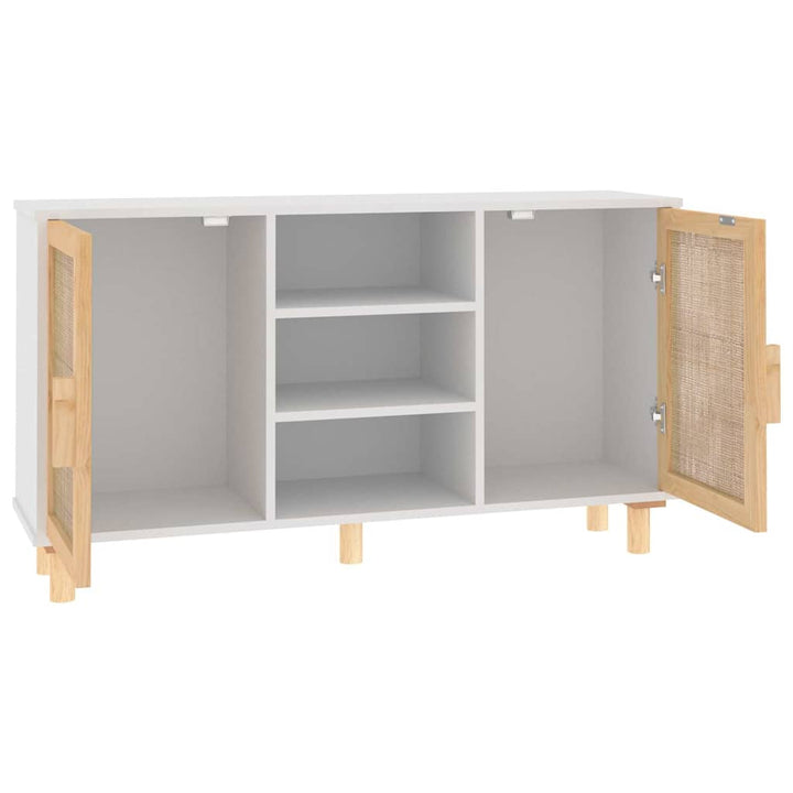 skænk 105x30x60 cm massivt fyrretræ og naturlig rattan hvid