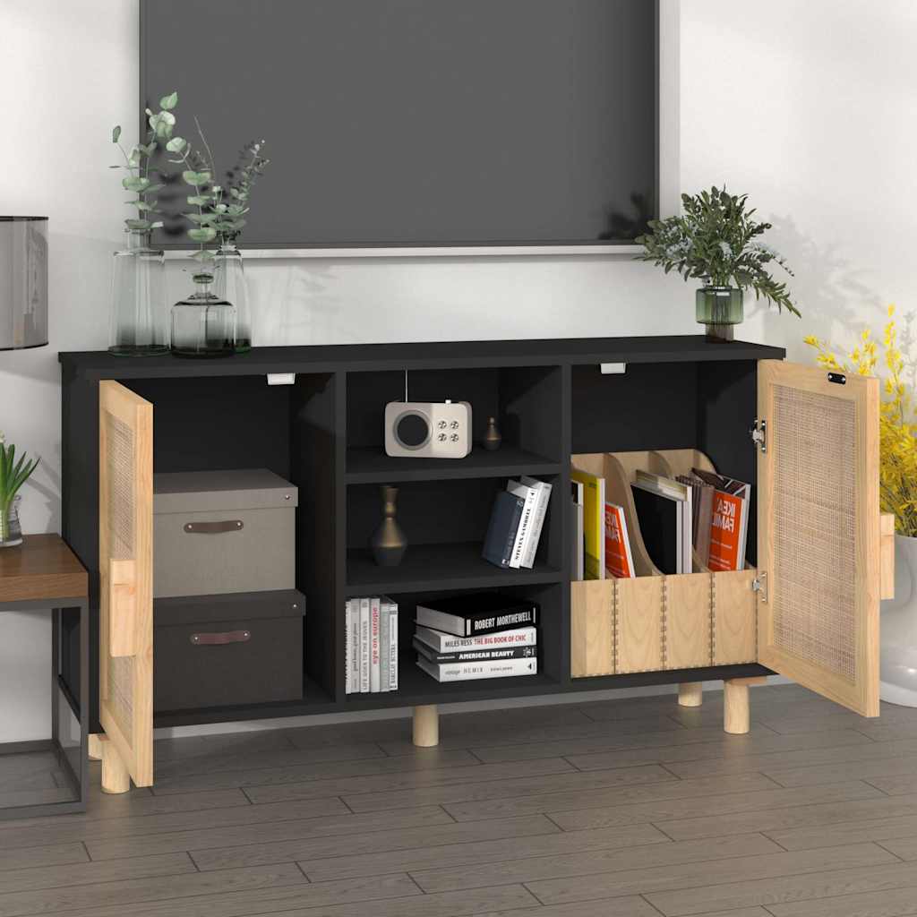 skænk 105x30x60 cm massivt fyrretræ og naturlig rattan sort