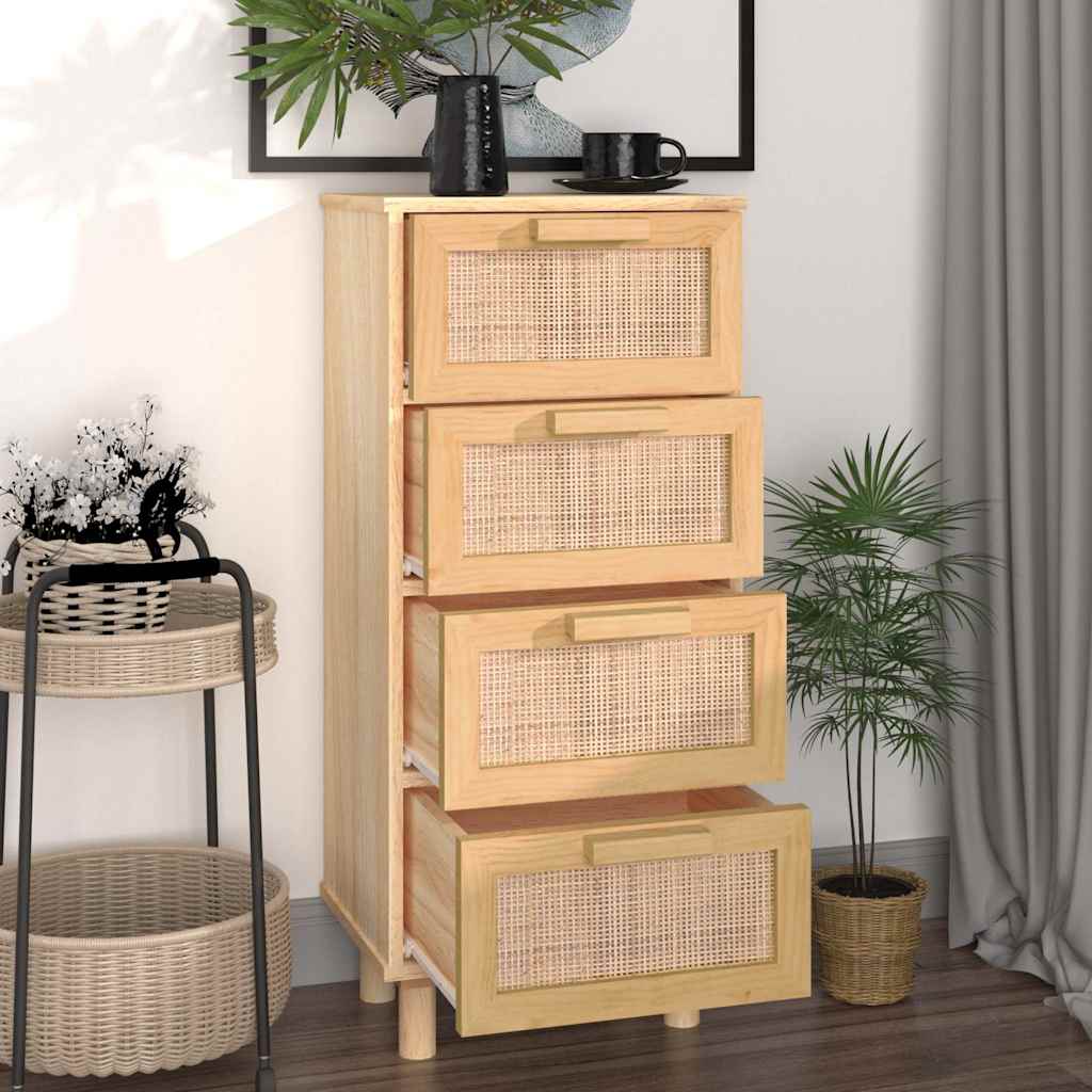 skænk 40x30x90 cm massivt fyrretræ og naturlig rattan brun