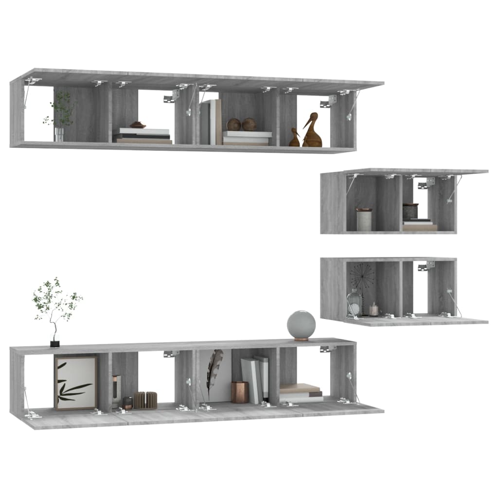 tv-skabssæt 6 dele konstrueret træ grå sonoma-eg